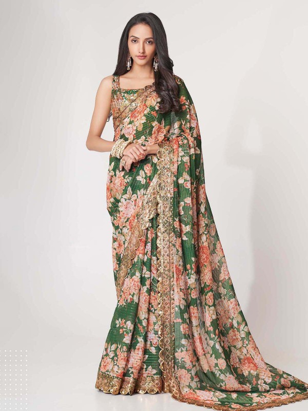 Green Organza Digital Print Saree